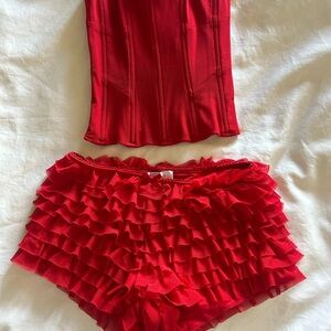 Women's Red Ruffle Shorts & Corset Top Set